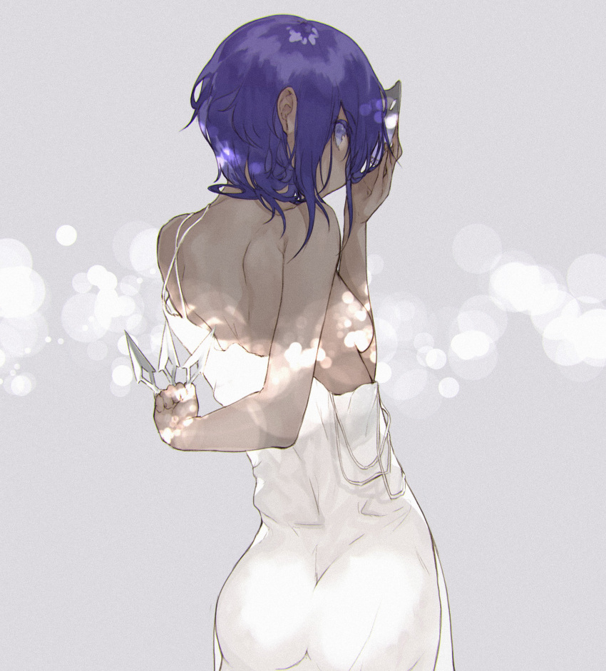 1girl absurdres ass assassin_(fate/prototype_fragments) bare_shoulders breasts dark_skin dress fate/grand_order fate/prototype fate/prototype:_fragments_of_blue_and_silver fate_(series) fifuth flower hairband highres knife looking_at_viewer mask purple_hair short_hair sideboob skull sleeveless sleeveless_dress solo sundress violet_eyes white_dress