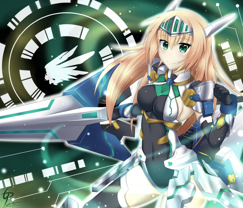 1girl blonde_hair blush bodysuit breasts cleavage green_background green_eyes guardian-panda hair_ornament helm helmet highres holding holding_sword holding_weapon long_hair looking_at_viewer navel original smile solo sword thigh-highs weapon