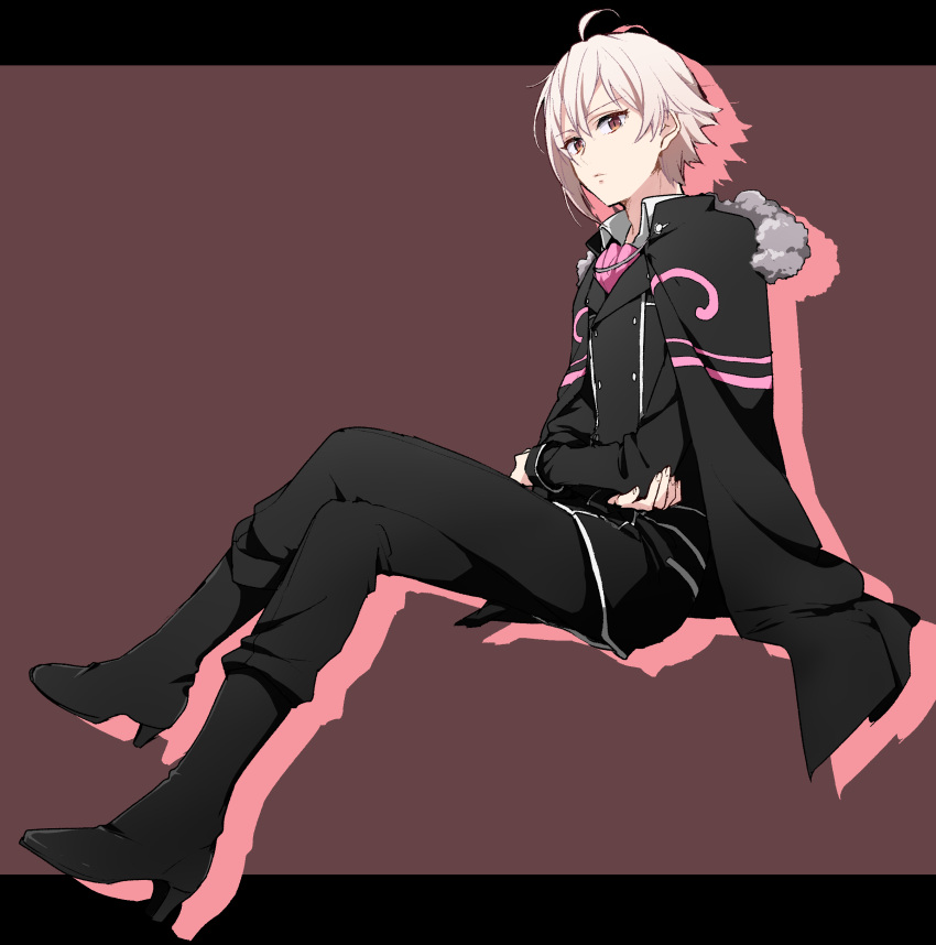 1boy absurdres akn92 black_boots boots cape cravat double-breasted full_body fur_collar high_heel_boots high_heels highres idolish_7 kujou_tenn legs_crossed letterboxed looking_at_viewer male_focus pink_eyes pink_hair silhouette simple_background solo