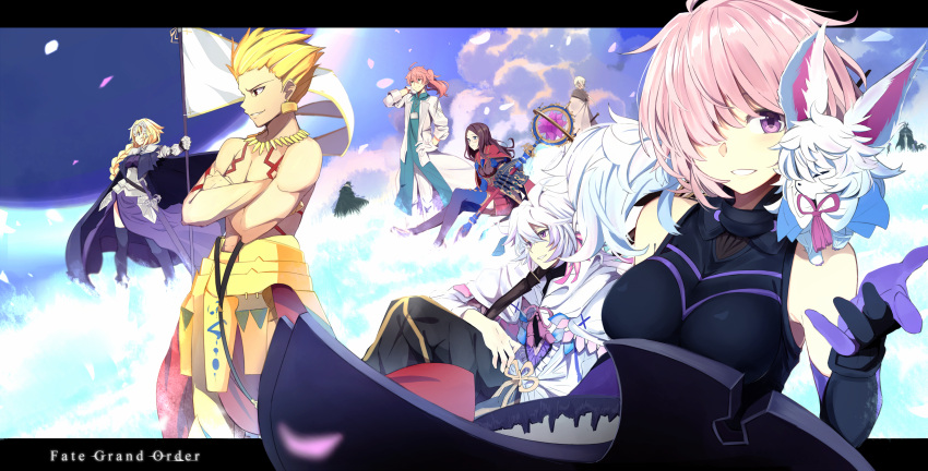 5girls 6+boys absurdres animal armor assassin_(fate/prototype_fragments) assassin_(fate/zero) bare_shoulders bedivere_(fate/grand_order) blonde_hair bow cape clouds copyright_name cowter earrings edmond_dantes_(fate/grand_order) elbow_gloves fate/apocrypha fate/grand_order fate/prototype fate/prototype:_fragments_of_blue_and_silver fate/stay_night fate_(series) fou_(fate/grand_order) gauntlets gilgamesh gilgamesh_(caster)_(fate) gloves hair_over_one_eye highres jewelry kazenoko king_hassan_(fate/grand_order) leonardo_da_vinci_(fate/grand_order) long_hair looking_at_viewer merlin_(fate/stay_night) multiple_boys multiple_girls necklace orange_hair petals pink_hair ponytail romani_akiman ruler_(fate/apocrypha) ruler_(fate/grand_order) shielder_(fate/grand_order) short_hair sitting smile staff standard_bearer standing thigh-highs true_assassin violet_eyes weapon white_hair wind