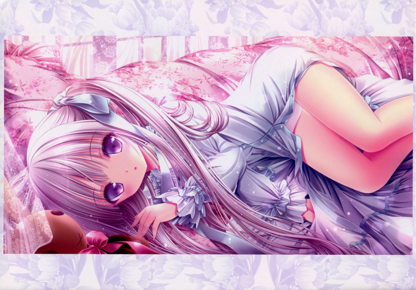 1girl absurdres couch dress eyebrows_visible_through_hair goto_jun gotou_jun grey_ribbon hair_ribbon highres huge_filesize long_hair looking_at_viewer lying on_side panties parted_lips prple_eye ribbon silver_hair solo sparted_lips tenshi_no_3p! tenshi_no_three_piece! tinker_bell twintails underwear very_long_hair violet_eyes white_dress white_panties