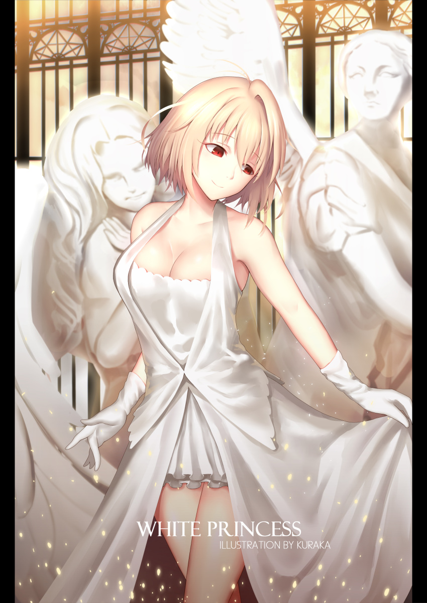 1girl absurdres ahoge angel arcueid_brunestud armpits bare_legs bare_shoulders blonde_hair breasts cleavage collarbone dress eyebrows_visible_through_hair gloves hair_between_eyes hair_intakes highres holding_skirt kuraka large_breasts light_particles looking_away looking_to_the_side red_eyes short_hair smile solo statue sunlight thighs tsukihime type-moon white_dress
