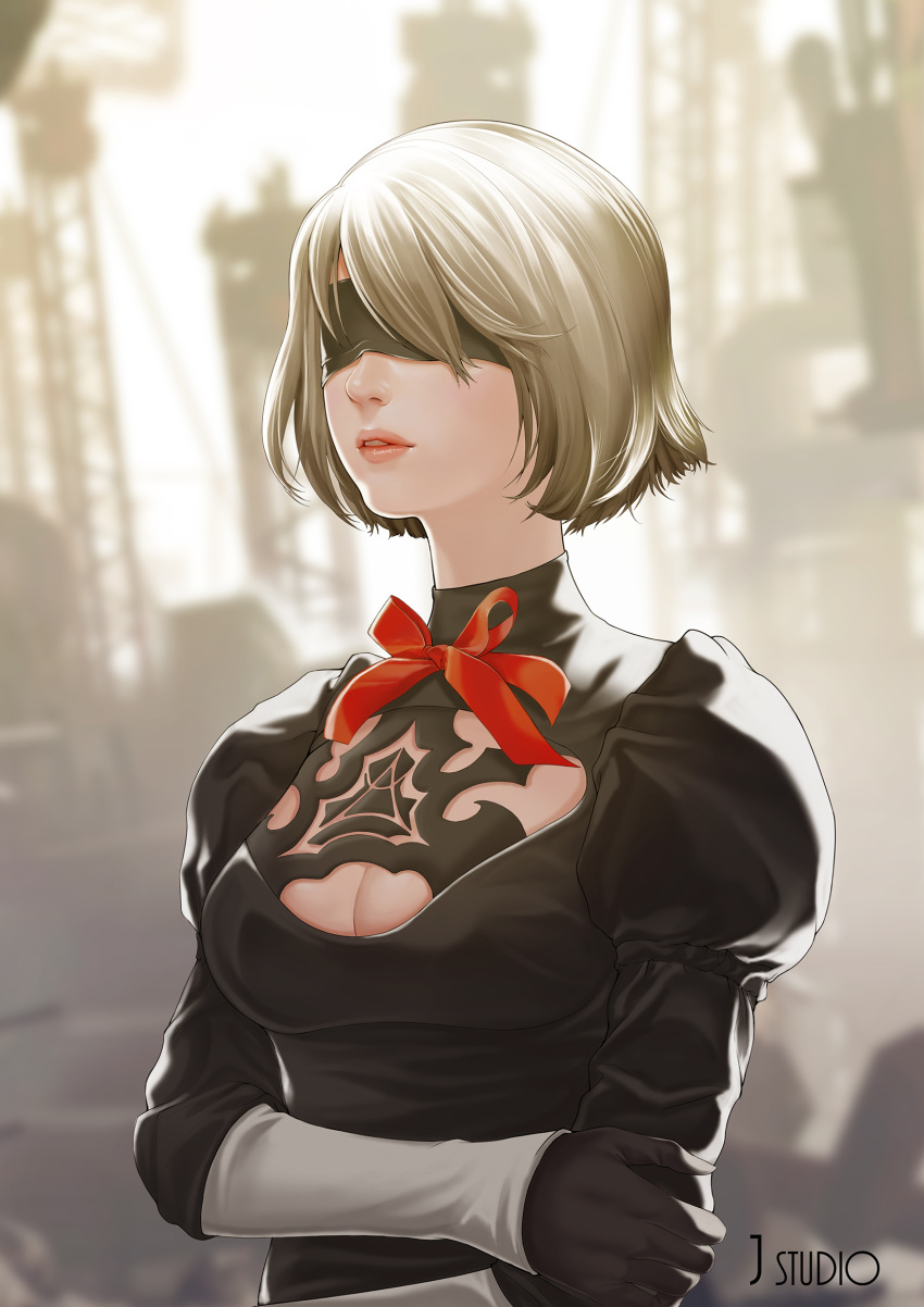 1girl arm_grab artist_name bangs black_dress black_gloves black_hairband blindfold blurry blurry_background breasts cleavage cleavage_cutout covered_eyes dress gloves hair_over_eyes hairband highres joe_(pixiv5075180) juliet_sleeves long_sleeves medium_breasts neck_ribbon nier_(series) nier_automata no_mole nose parted_lips pink_lips puffy_sleeves red_ribbon ribbed_dress ribbon short_hair silver_hair solo teeth upper_body vambraces yorha_no._2_type_b