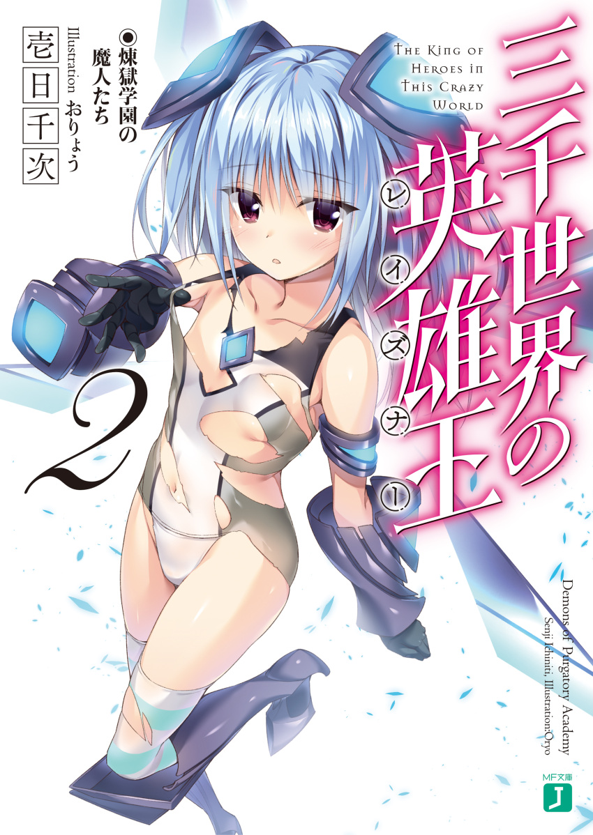 1girl absurdres armor armored_boots black_gloves blue_hair boots breasts collarbone copyright_name cover cover_page eyebrows eyebrows_visible_through_hair gloves highres leotard long_hair looking_at_viewer novel_cover official_art one_leg_raised oryou red_eyes sanzensekai_no_raisner small_breasts solo striped striped_legwear thigh-highs torn_clothes torn_leotard torn_thighhighs under_boob
