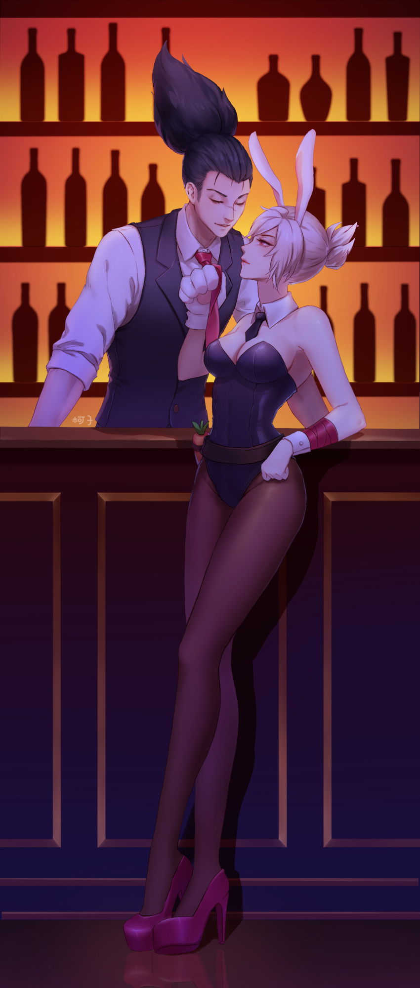 1boy 1girl absurdres alternate_costume animal_ears bar bartender battle_bunny_riven black_hair bottle breasts bunny_girl bunnysuit cleavage detached_collar dress_shirt eye_contact folded_ponytail gloves high_heels highres kezi large_breasts league_of_legends looking_at_another necktie necktie_grab neckwear_grab nose_scar pantyhose pink_eyes rabbit_ears riven_(league_of_legends) scar shirt short_hair single_glove vest white_hair wrist_cuffs yasuo_(league_of_legends)