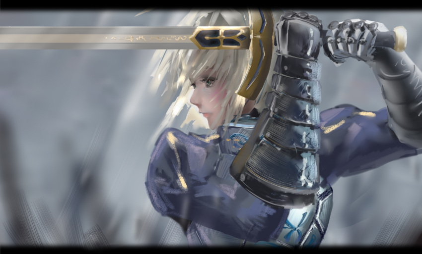 1girl blonde_hair breastplate excalibur fate/stay_night fate_(series) gauntlets green_eyes holding holding_sword holding_weapon juliet_sleeves long_sleeves puffy_sleeves saber shenhaixun short_hair solo stance sword weapon