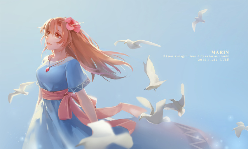 1girl 2015 bird blue_background blue_dress brown_hair character_name dress english flower hair_flower hair_ornament hibiscus highres jewelry long_hair looking_to_the_side marin_(the_legend_of_zelda) necklace ruru_(lulubuu) seagull solo standing the_legend_of_zelda the_legend_of_zelda:_link's_awakening