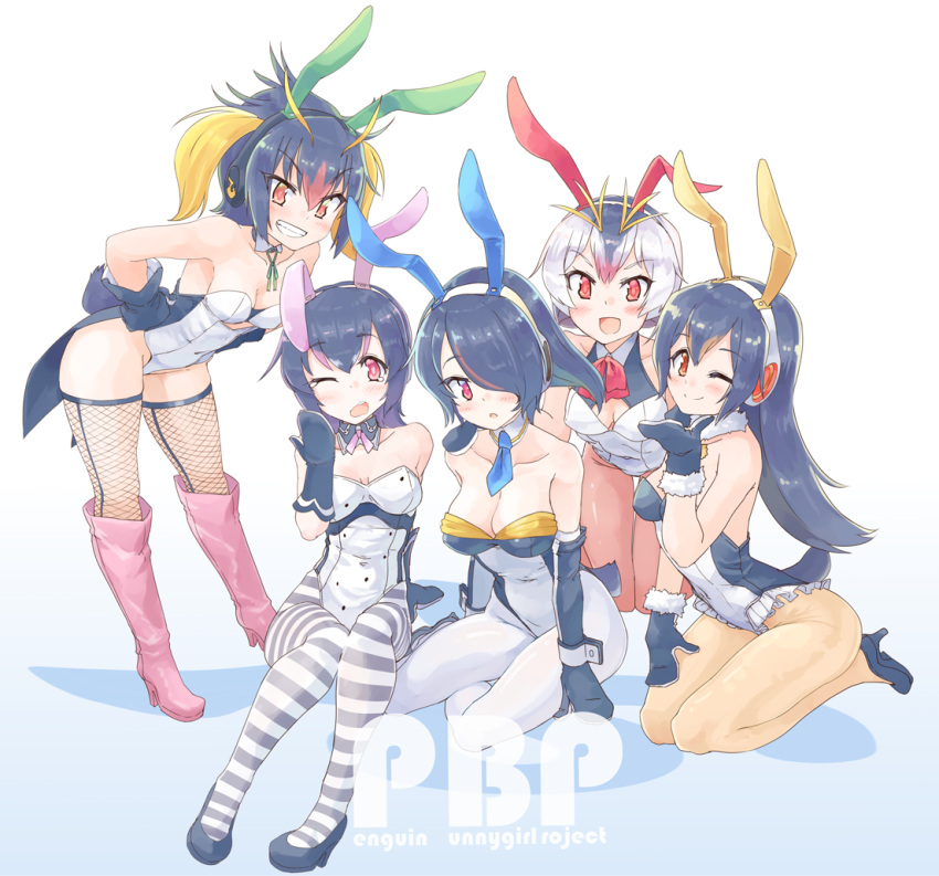 &gt;:d 5girls :d :o ;d acronym alternate_costume animal_ears bare_shoulders bent_over boots breasts bunnysuit cleavage cleavage_cutout collarbone commentary_request covered_navel detached_collar emperor_penguin_(kemono_friends) fake_animal_ears fishnet_legwear fishnets frilled_leotard frills fur_collar fur_trim gentoo_penguin_(kemono_friends) gloves gradient gradient_background hair_over_one_eye headphones high_heel_boots high_heels highleg highleg_leotard humboldt_penguin_(kemono_friends) kemono_friends knee_boots kneeling leotard long_hair multiple_girls naka_akira necktie one_eye_closed open_mouth pantyhose penguins_performance_project_(kemono_friends) pink_legwear rockhopper_penguin_(kemono_friends) royal_penguin_(kemono_friends) seiza short_hair sitting smile striped striped_legwear thigh-highs white_legwear yawning yellow_legwear