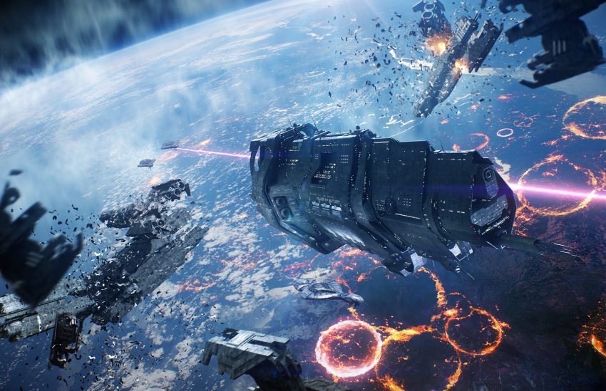 agnidevi battle explosion firing halo halo_(game) highres laser no_humans planet space_craft wreckage