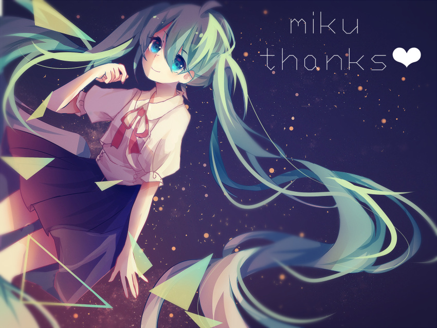 1girl blue_eyes character_name green_hair hatsune_miku highres long_hair skirt smile solo twintails very_long_hair vocaloid