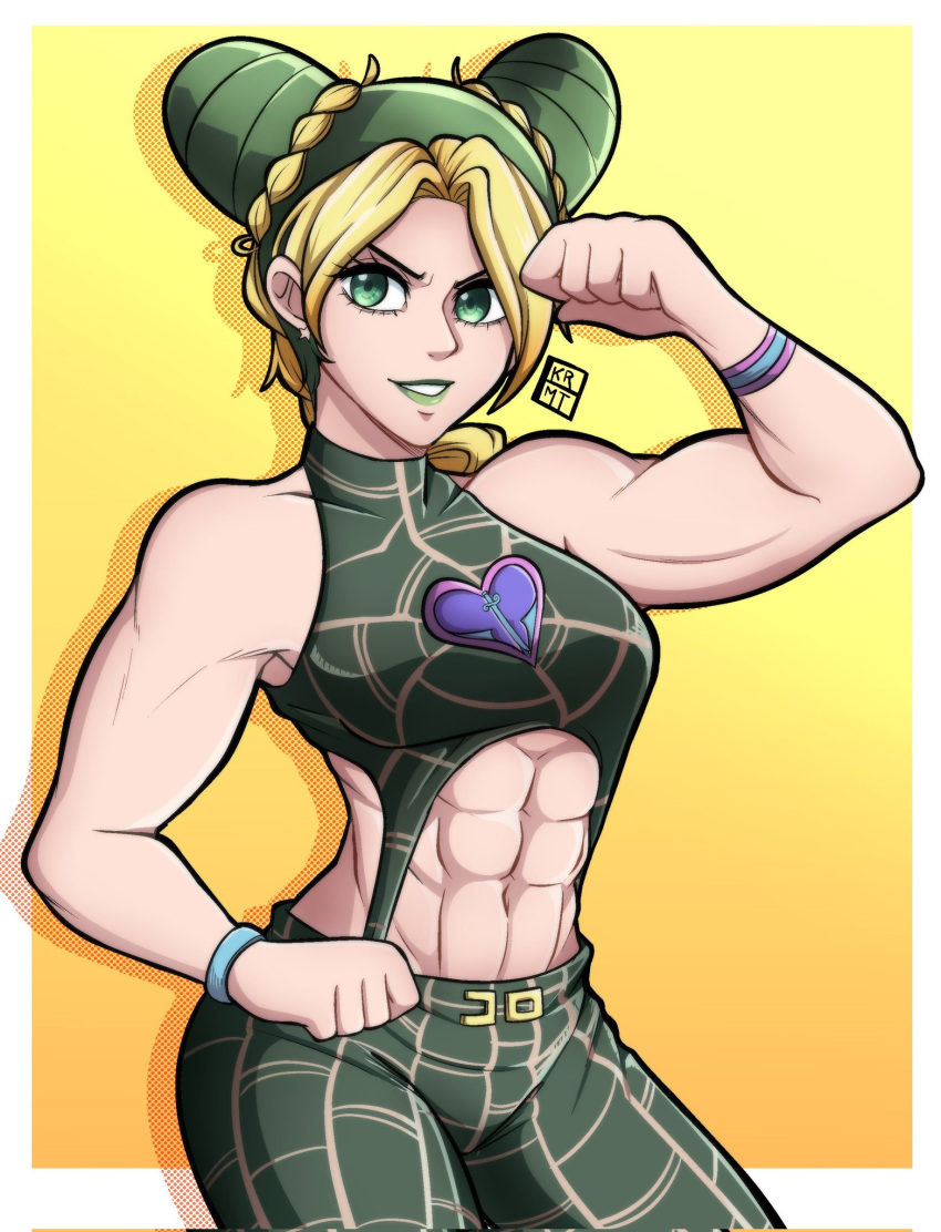 1girl abs bangs blonde_hair braid breasts clenched_hands commentary crown_braid double_bun earrings english_commentary green_eyes green_hair green_lips highres jewelry jojo_no_kimyou_na_bouken kermittend kujo_jolyne looking_at_viewer medium_breasts multicolored_hair muscular muscular_female navel parted_bangs sleeveless solo star_(symbol) star_earrings stomach stone_ocean two-tone_hair wristband