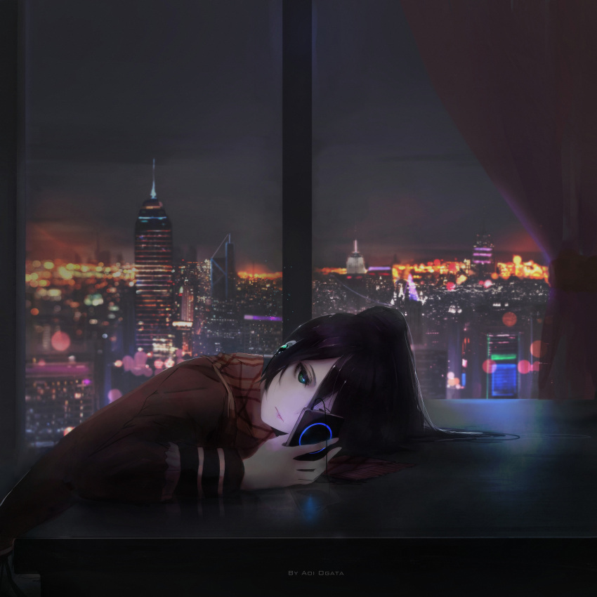 1girl absurdres aoi_ogata black_hair blue_eyes city highres night original ponytail scarf solo