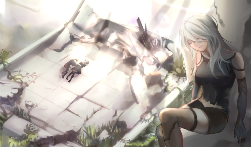 1boy 2girls breasts closed_eyes collarbone dress gloves grass highres light_rays long_hair lying multiple_girls nier_(series) nier_automata on_back on_side pale_skin plant ruins short_hair shorts sitting smile spoilers stone thigh-highs torn_clothes wall white_hair yorha_no._2_type_b yorha_no._9_type_s yorha_type_a_no._2