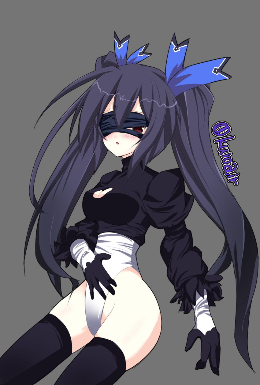 1girl artist_name black_hair blindfold blindfold_slip blush breasts choujigen_game_neptune cleavage cleavage_cutout gloves hair_ornament hand_on_own_stomach highres juliet_sleeves long_hair long_sleeves neptune_(series) nier_(series) nier_automata noire open_mouth pale_skin puffy_sleeves red_eyes solo text thigh-highs twintails yorha_no._2_type_b