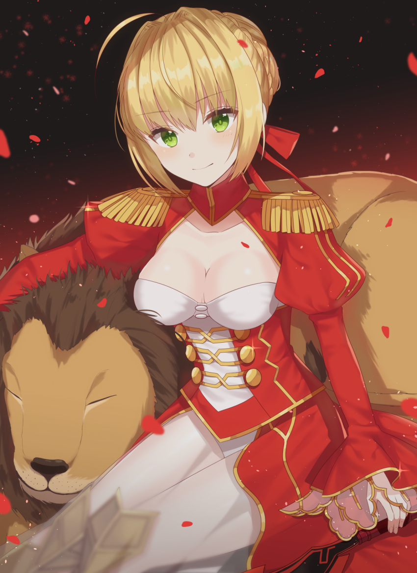 1girl ahoge blonde_hair blush breasts cleavage collar dress epaulettes fate/extra fate_(series) green_eyes hair_ribbon highres izumo_neru juliet_sleeves lion long_sleeves looking_at_viewer petals puffy_sleeves red_dress red_ribbon ribbon saber_extra see-through solo wide_sleeves