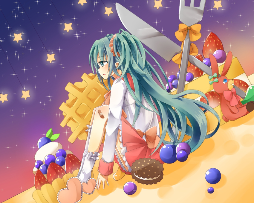 1girl aqua_eyes aqua_hair biscuit bow bowtie cake cupcake dress eyebrows_visible_through_hair food fork frilled_hairband frills from_side fruit hair_ornament hatsune_miku heart heart_pillow knife legs_together long_hair long_sleeves night night_sky open_mouth pillow pleated_skirt red_skirt ribbon shirt skirt sky solo star strawberry stuffed_animal stuffed_bunny stuffed_toy suzu_(alpha_diamant) twintails vocaloid waffle white_legwear white_shirt