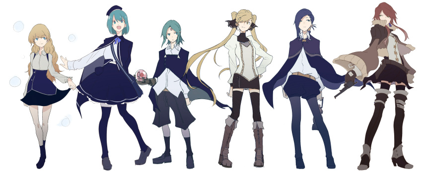 6+girls absurdres androgynous aqua_hair asymmetrical_bangs bangs bare_legs belt beret blonde_hair blouse blue_eyes blue_hair boots cape contrapposto earrings expressionless eyelashes forehead_jewel frilled_skirt frills full_body gem green_eyes gun hair_over_one_eye hair_ribbon hair_up hand_on_hip handgun hat high_collar highres hitodama holding holding_gun holding_lantern holding_weapon jacket jewelry juliet_sleeves lantern lineup loafers long_hair long_sleeves looking_to_the_side miniskirt multiple_girls narrowed_eyes neck_ribbon orb original pantyhose profile prosthesis prosthetic_arm puffy_sleeves redhead revolver ribbon shirt shoes short_hair shorts sidelocks simple_background skirt skirt_hold smile socks suspender_skirt suspenders swept_bangs sy-l-via thigh-highs thigh_boots turtleneck twintails untucked_shirt very_long_hair weapon white_background zettai_ryouiki