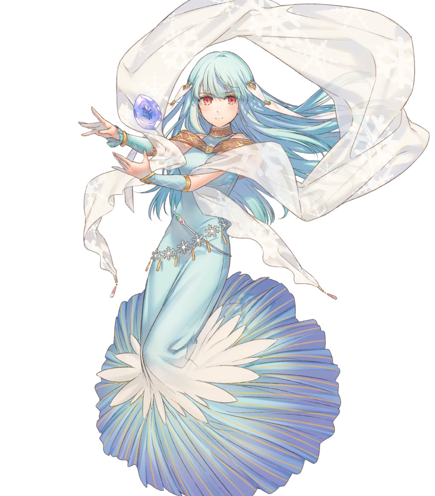 1girl bangs blue_hair dress elbow_gloves eyebrows_visible_through_hair fire_emblem fire_emblem:_rekka_no_ken fire_emblem_heroes full_body gloves hair_ornament highres kippu long_dress long_hair ninian official_art red_eyes sleeveless solo stone transparent_background