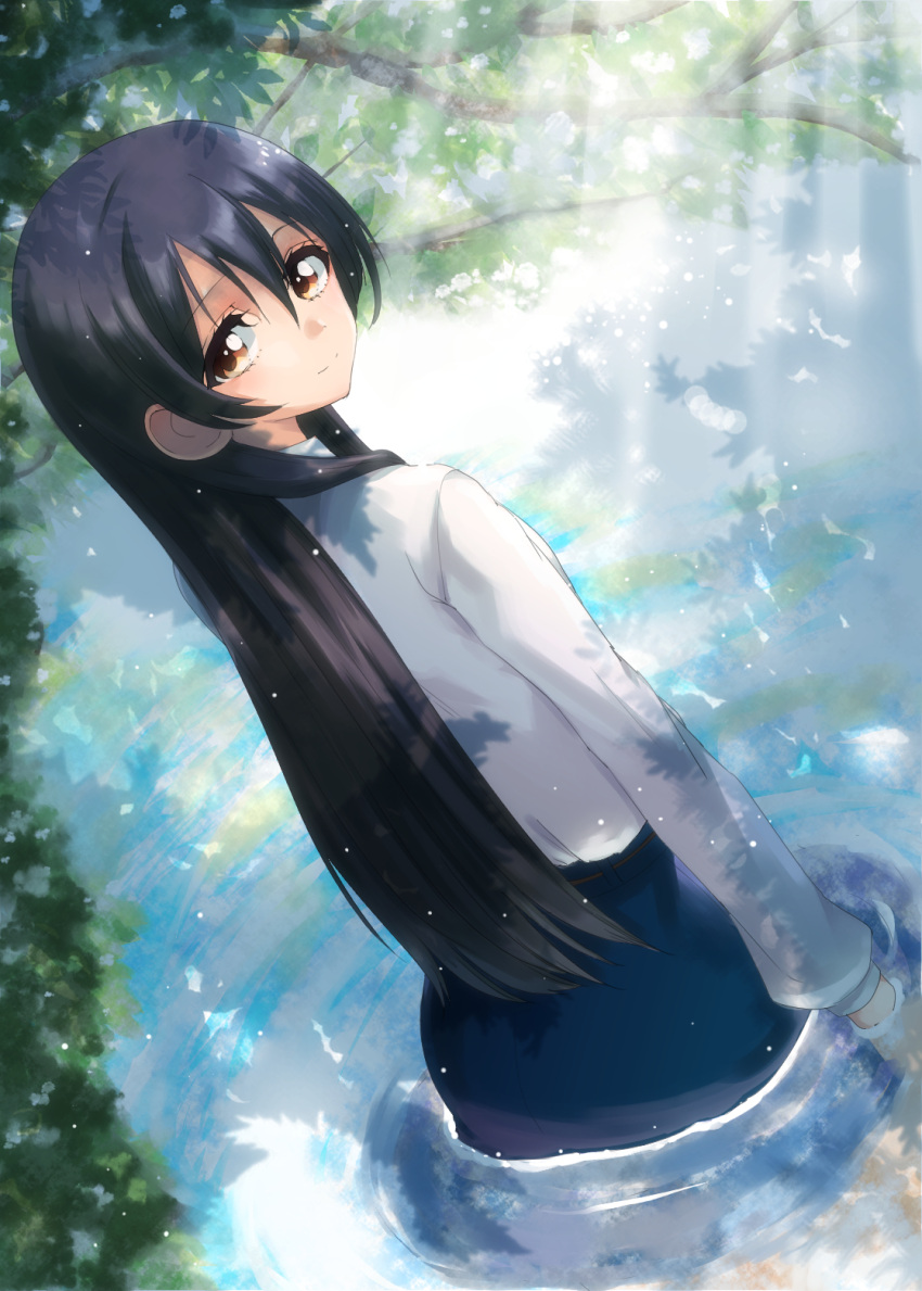 1girl arms_at_sides black_hair blue_skirt brown_eyes closed_mouth cream_(nipakupa) dappled_sunlight day dutch_angle from_behind hair_between_eyes highres light_rays long_hair looking_at_viewer looking_back love_live! love_live!_school_idol_project outdoors pond skirt smile solo sonoda_umi standing straight_hair sunbeam sunlight tareme tree_branch very_long_hair wading water