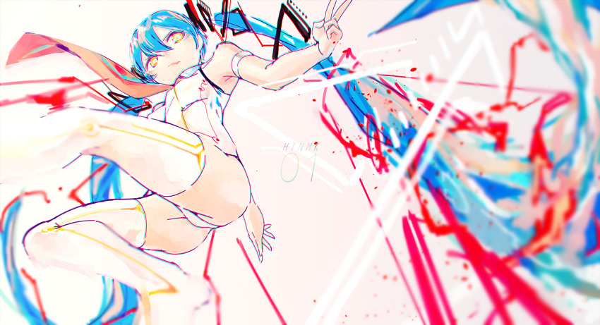 &gt;:/ 1girl :p abstract absurdly_long_hair arm_behind_back armlet armpits bangs bare_shoulders blue_hair blurry breasts closed_mouth colorful commentary_request depth_of_field from_below groin hair_between_eyes hair_ornament hatsune_miku highres leotard long_hair orange_eyes parted_bangs pink_background reoen simple_background sleeveless small_breasts solo text thigh-highs thighs tongue tongue_out twintails twintails_day v very_long_hair vocaloid wind wind_lift