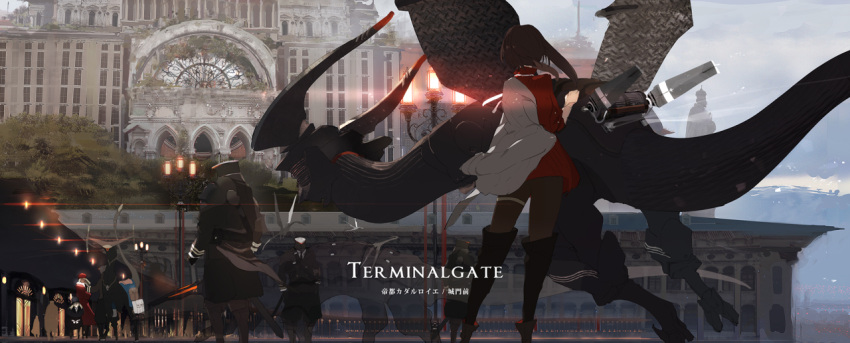 1girl architecture black_legwear boots brown_hair building clouds cloudy_sky coat dragon from_behind from_below lamppost military military_uniform off_shoulder original pantyhose photo_background puffy_short_sleeves puffy_sleeves red_shirt shirt short_hair short_sleeves siirakannu sky soldier sword thigh-highs thigh_boots thigh_strap tree uniform weapon white_coat