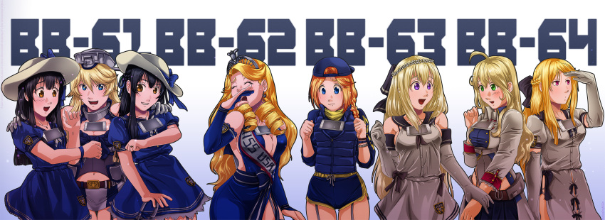 6+girls absurdres adapted_costume ahoge alternate_hairstyle anchor_earrings backwards_hat belt black_bra black_hair black_ribbon blonde_hair blue_buruma blue_dress blue_eyes blue_ribbon blue_vest blush bra braid breasts bridal_gauntlets brown_eyes buruma cellphone character_name cleavage commentary dress drill_hair dual_persona earrings elbow_gloves engagement_ring fist_bump flower french_braid garter_straps gloves green_eyes grin hair_flower hair_ornament hair_ribbon hand_on_another's_shoulder hat highres iowa_(kantai_collection) iowa_(pacific) jewelry kantai_collection lace lace-trimmed_dress long_hair melisaongmiqin midriff missouri_(zhan_jian_shao_nyu) mole mole_under_eye multiple_girls namesake navel necklace new_jersey_(belated_battleships) new_jersey_(pacific) ojou-sama_pose open_mouth original pacific phone pun ribbon ring sailor_dress sash scarf searching side_slit smartphone smile star star-shaped_pupils star_necklace sun_hat symbol-shaped_pupils tawawa_challenge tiara umbrella underwear uss_missouri_(bb-63) uss_wisconsin_(bb-64) vest violet_eyes watch white_gloves white_hat wrist_grab wrist_ribbon yellow_scarf zhan_jian_shao_nyu