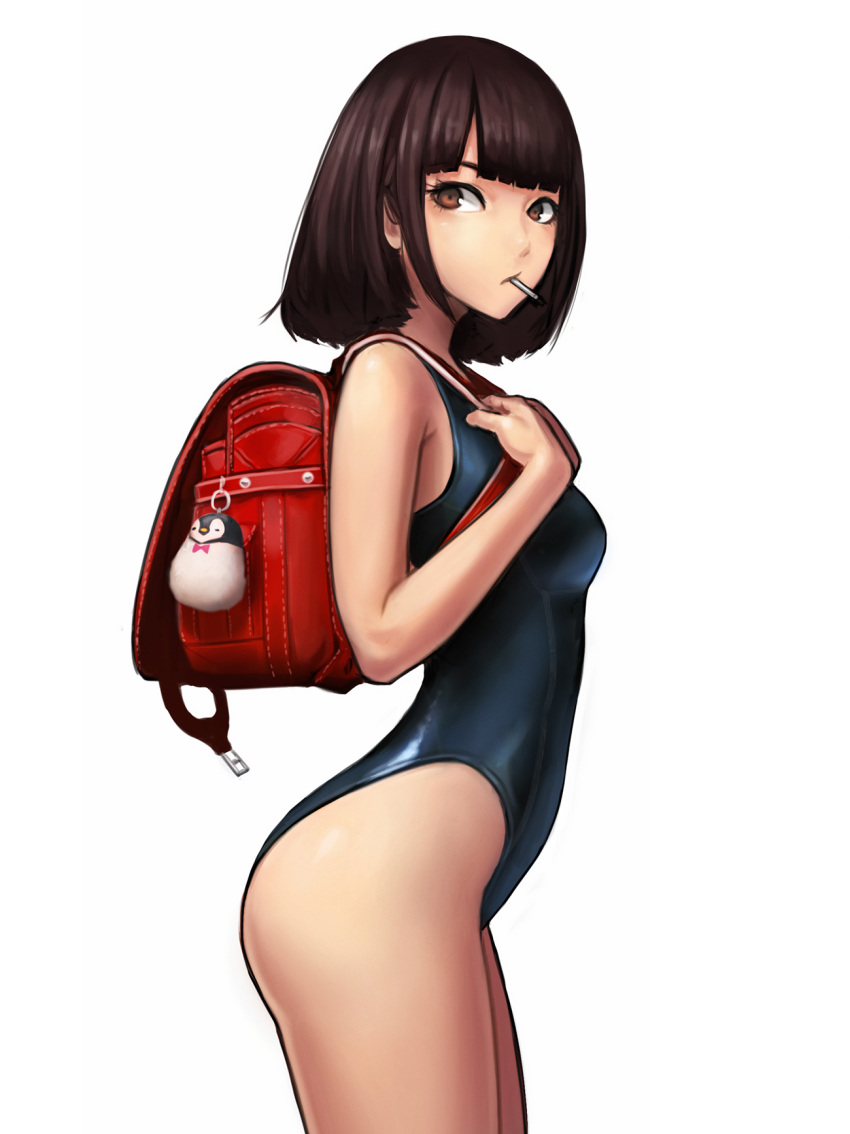 1girl :/ arched_back ass backpack bag bag_charm bangs bare_arms bare_shoulders behind_back bird black_hair black_swimsuit blunt_bangs breasts brown_eyes brown_hair buckle charm_(object) closed_mouth competition_school_swimsuit cowboy_shot expressionless from_side highres jungon_kim looking_at_viewer looking_back looking_to_the_side mouth_hold one-piece_swimsuit original parted_bangs penguin randoseru school_swimsuit short_hair simple_background skin_tight small_breasts solo standing swimsuit thighs white_background