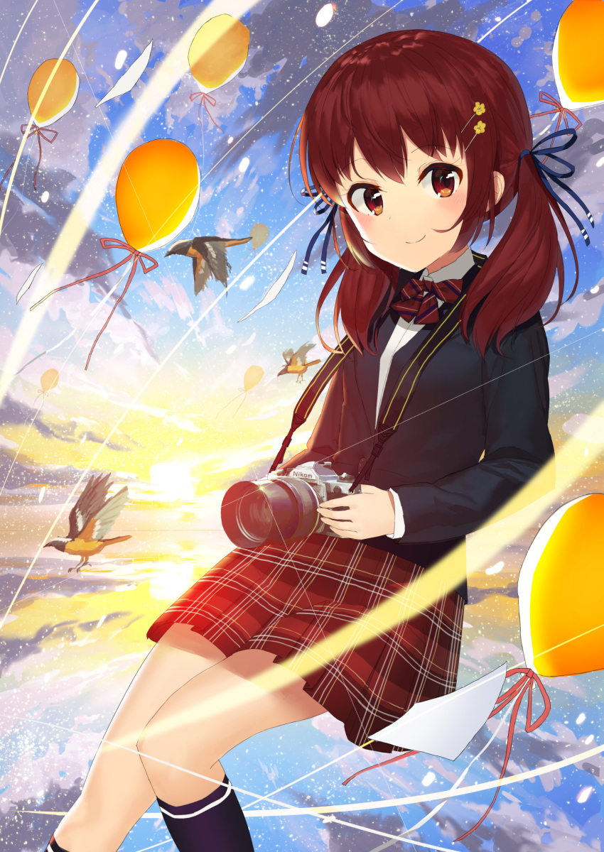 1girl absurdres akamizuki_(akmzk) auburn_hair balloon bird blazer brown_eyes camera eyebrows_visible_through_hair hair_ornament hair_ribbon hairclip highres holding holding_camera jacket original paper plaid plaid_skirt ribbon school_uniform sitting skirt sky socks solo twintails