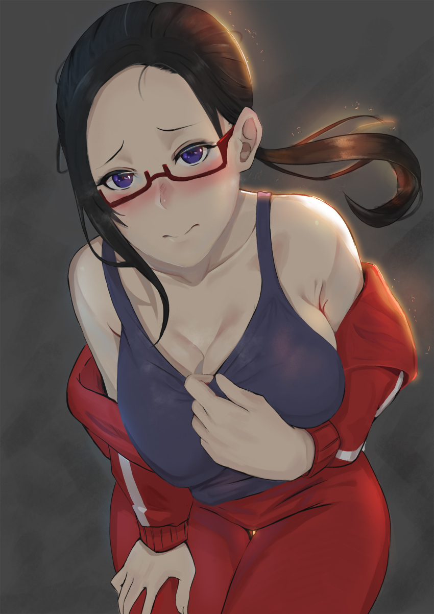 1girl 3: bad_hands black_hair blue_eyes blush breasts collarbone demi-chan_wa_kataritai glasses highres huihuimao jacket large_breasts leaning_forward long_hair looking_at_viewer pants ponytail pulled_by_self red-framed_eyewear red_pants satou_sakie solo tank_top track_jacket