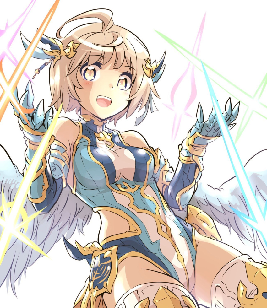 1girl armor elbow_gloves feathered_wings gloves hair_ornament highres ishiyumi leotard light_brown_hair looking_at_viewer navi_(p&amp;d) open_mouth puzzle_&amp;_dragons short_hair simple_background solo thigh-highs white_background white_wings wings yellow_eyes