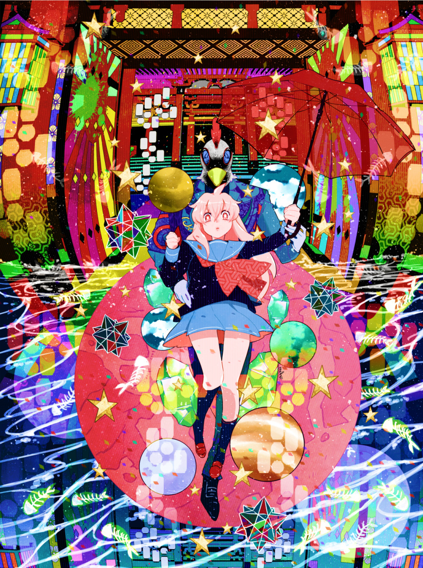 1boy 1girl abstract ahoge animal_head architecture arms_up bangs circle colorful crystal dodecahedron east_asian_architecture egasumi fish_bone floating formal full_body gloves hair_between_eyes hair_intakes hair_over_shoulder hand_on_another's_hip highres holding holding_umbrella horizontal-striped_legwear kneehighs knees_together_feet_apart lantern leg_up legs lips loafers long_hair long_sleeves looking_at_viewer magatan neckerchief new_year original pants parted_bangs parted_lips patterned pink_eyes pink_hair pleated_skirt raised_eyebrows rising_sun sailor_collar school_uniform see-through serafuku shirt shoes skirt sparkling_eyes splatter star striped striped_legwear suit sunburst surprised thigh_gap umbrella water wind wind_lift wooden_lantern year_of_the_rooster