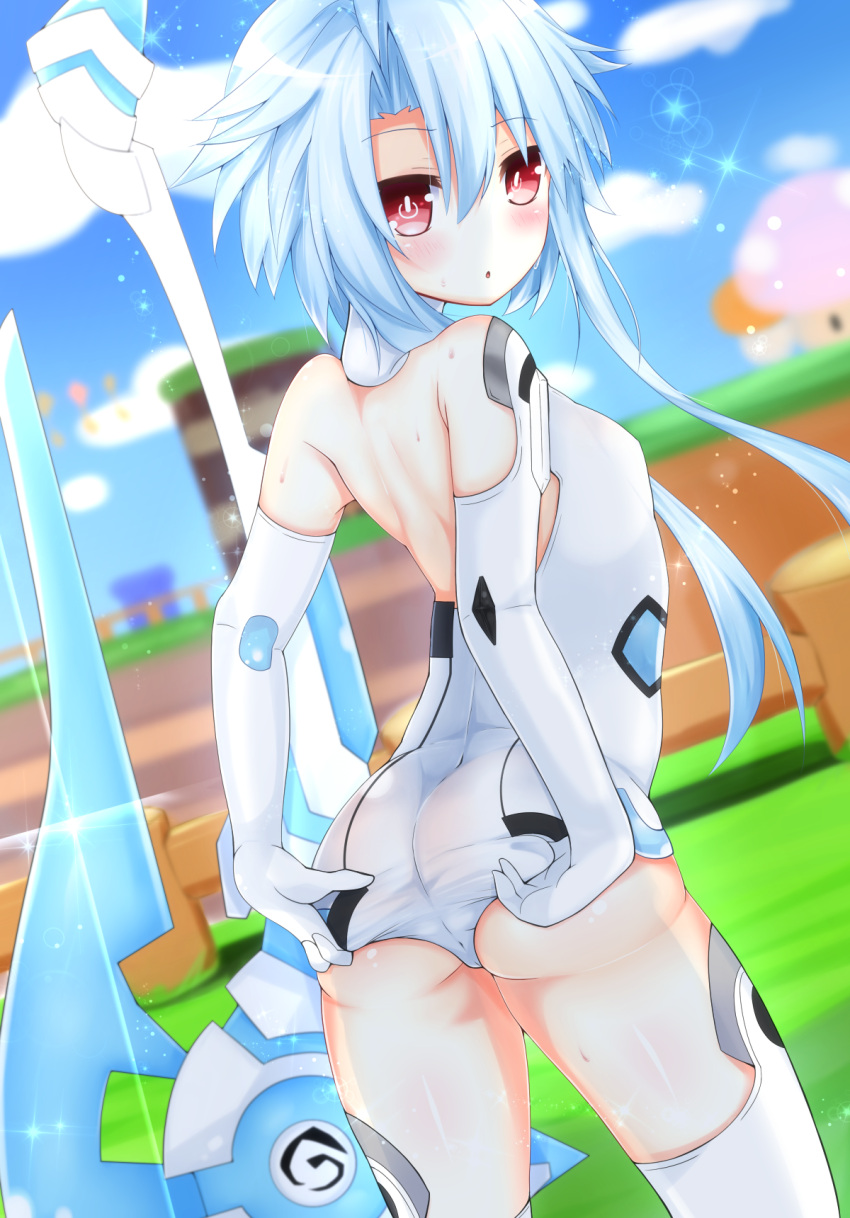 1girl ahoge ass bare_shoulders blanc blue_hair blush bodysuit breasts choujigen_game_neptune elbow_gloves fantasy gauntlets gloves haru_blanc0316 highres kami_jigen_game_neptune_v leotard light_blue_hair looking_at_viewer looking_back navel neptune_(series) open_mouth parted_lips power_symbol red_eyes shiny short_hair short_hair_with_long_locks sidelocks small_breasts solo symbol-shaped_pupils thigh-highs tight white_heart white_legwear white_leotard