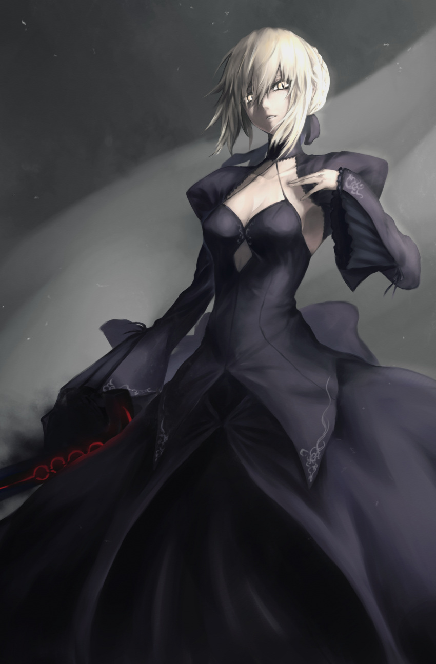 1girl absurdres black_ribbon blonde_hair breasts cleavage collar dark_excalibur excalibur fate/stay_night fate_(series) gothic_lolita hair_between_eyes hair_ribbon hand_on_own_chest highres juliet_sleeves lolita_fashion long_sleeves looking_at_viewer na_(oagenosuke) parted_lips puffy_sleeves ribbon saber saber_alter slit_pupils solo wide_sleeves yellow_eyes