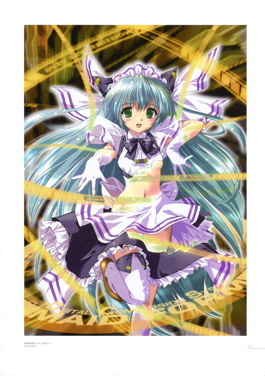 1girl :d absurdres aqua_hair black_bow bow bowtie breasts dress eyebrows_visible_through_hair floating_hair gloves green_eyes hair_ornament highres komatsu_eiji long_hair looking_at_viewer navel one_leg_raised open_mouth original small_breasts smile solo stomach thigh-highs under_boob very_long_hair white_dress white_gloves white_legwear