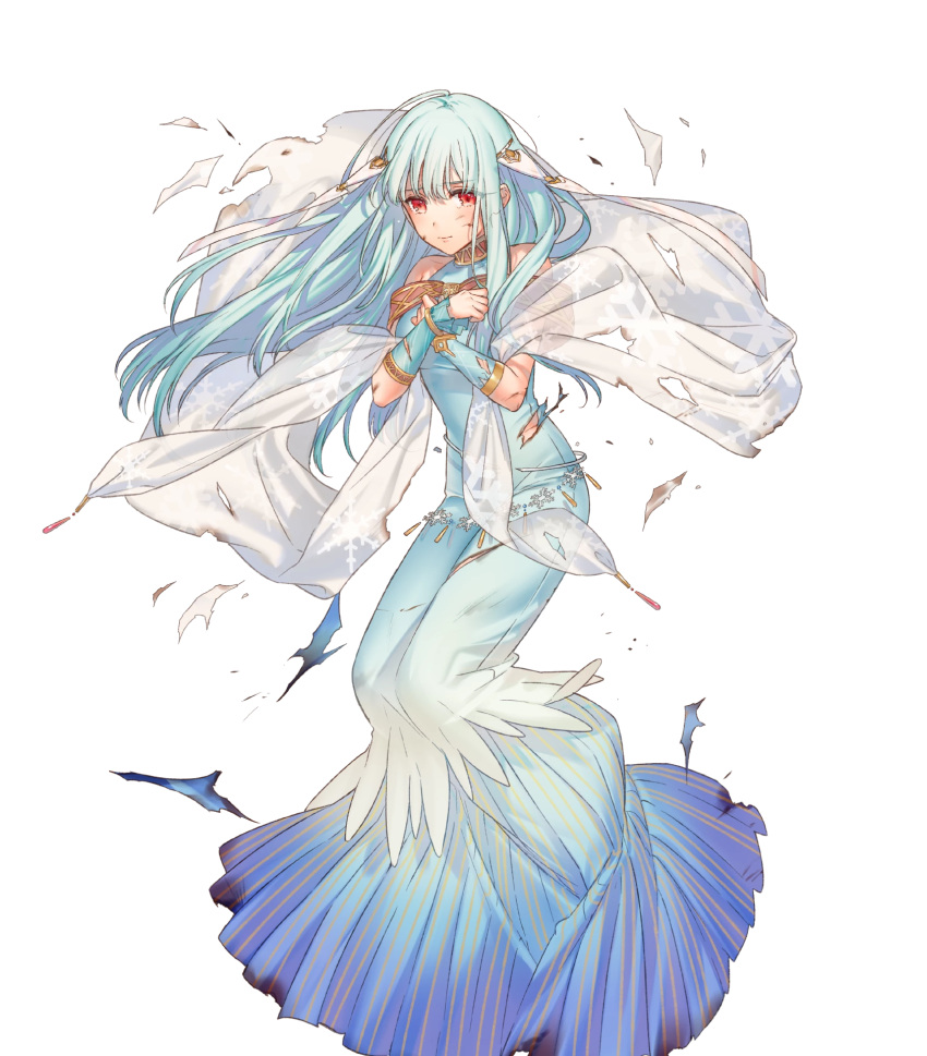 1girl bangs bare_shoulders blue_hair dress elbow_gloves eyebrows_visible_through_hair fire_emblem fire_emblem:_rekka_no_ken fire_emblem_heroes full_body gloves hair_ornament highres kippu ninian official_art red_eyes scar sleeveless solo torn_clothes transparent_background