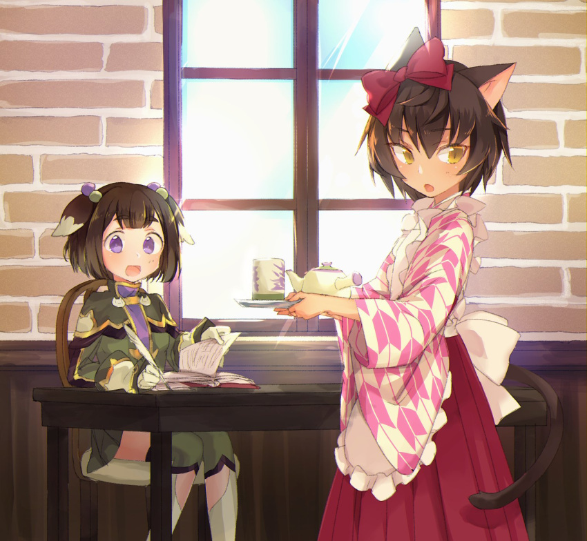 2girls animal_ears apron black_hair blush book bow brown_hair cat_ears cat_tail dog_ears gloves hair_bobbles hair_bow hair_ornament highres japanese_clothes kyuuri_(miyako) looking_at_viewer maid_apron multiple_girls open_mouth pop-up_story quill renge_miyamoto school_uniform short_hair sitting skirt smile suzuna_isurugi tail tea violet_eyes wa_maid white_gloves wide_sleeves yellow_eyes