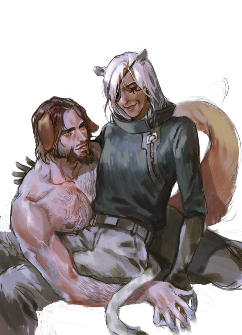 1boy 1girl absurdres alternate_costume ana_(overwatch) animal_ears beard dark_skin dog_ears dog_tail eyepatch facial_hair facial_mark facial_tattoo highres long_hair looking_at_viewer mccree_(overwatch) muehe overwatch solo tail tattoo white_hair