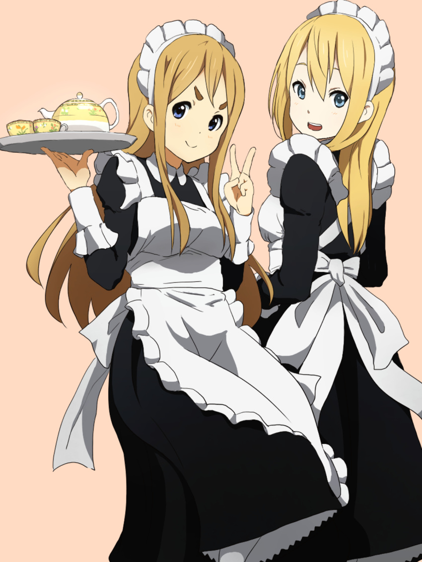 2girls apron blonde_hair blue_eyes cup highres k-on! kicchi_(tmgk) kotobuki_tsumugi long_hair maid maid_apron maid_headdress multiple_girls orange_background saitou_sumire simple_background smile teapot thick_eyebrows tray v