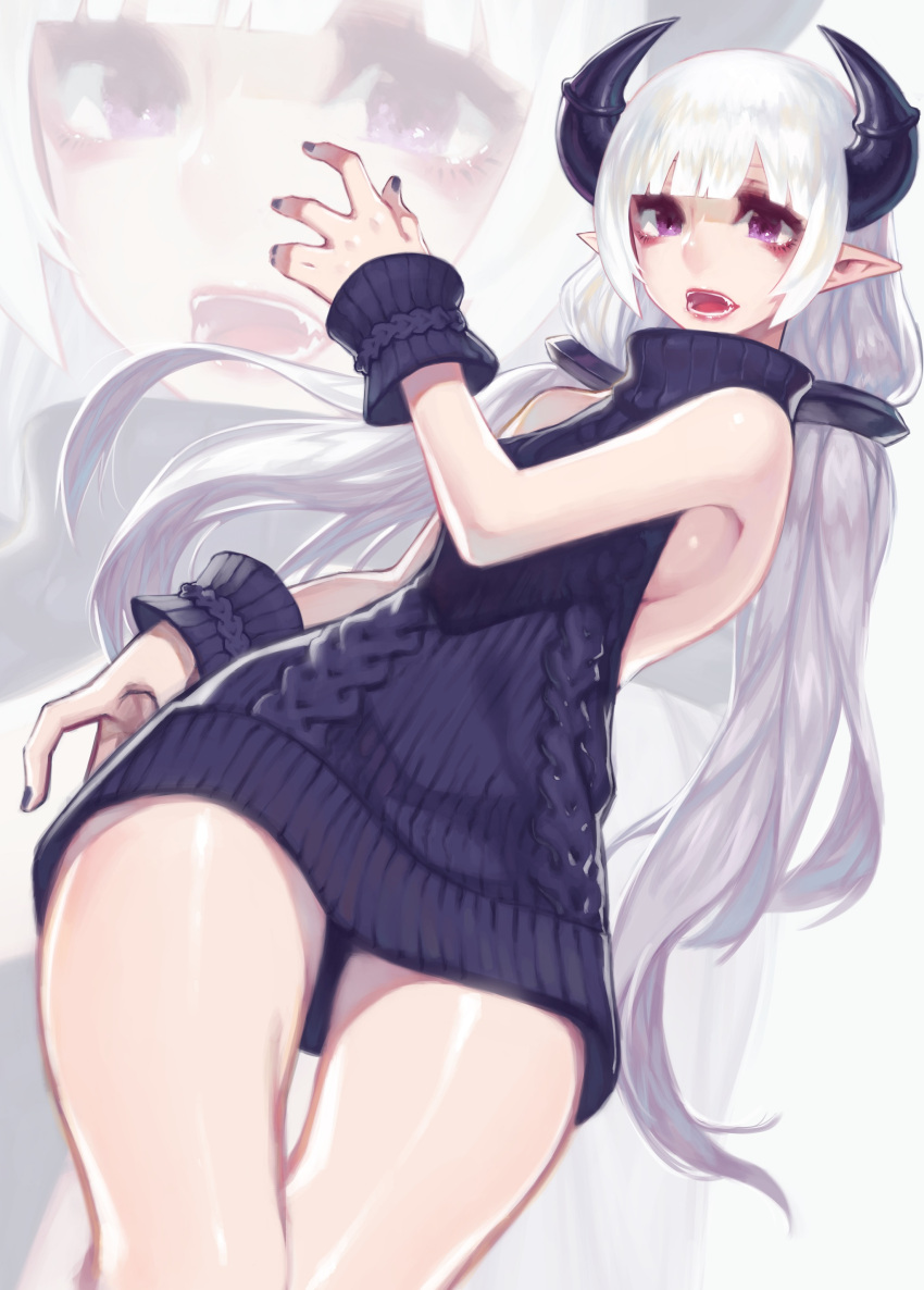1girl absurdres aran_sweater arm_at_side backless_outfit bangs bare_shoulders black_dress black_nails black_sweater blunt_bangs breasts cowboy_shot demon_girl demon_horns doku-chan_(dokkudokudoku) dress fangs hair_ornament halterneck hand_up highres horns long_hair looking_at_viewer low-tied_long_hair low_twintails medium_breasts meme_attire nail_polish naked_sweater no_bra open-back_dress open_mouth original pink_lips pointy_ears ribbed_sweater sideboob sleeveless sleeveless_turtleneck solo sweater sweater_dress teeth tongue turtleneck turtleneck_sweater twintails very_long_hair violet_eyes virgin_killer_sweater white_hair wrist_cuffs