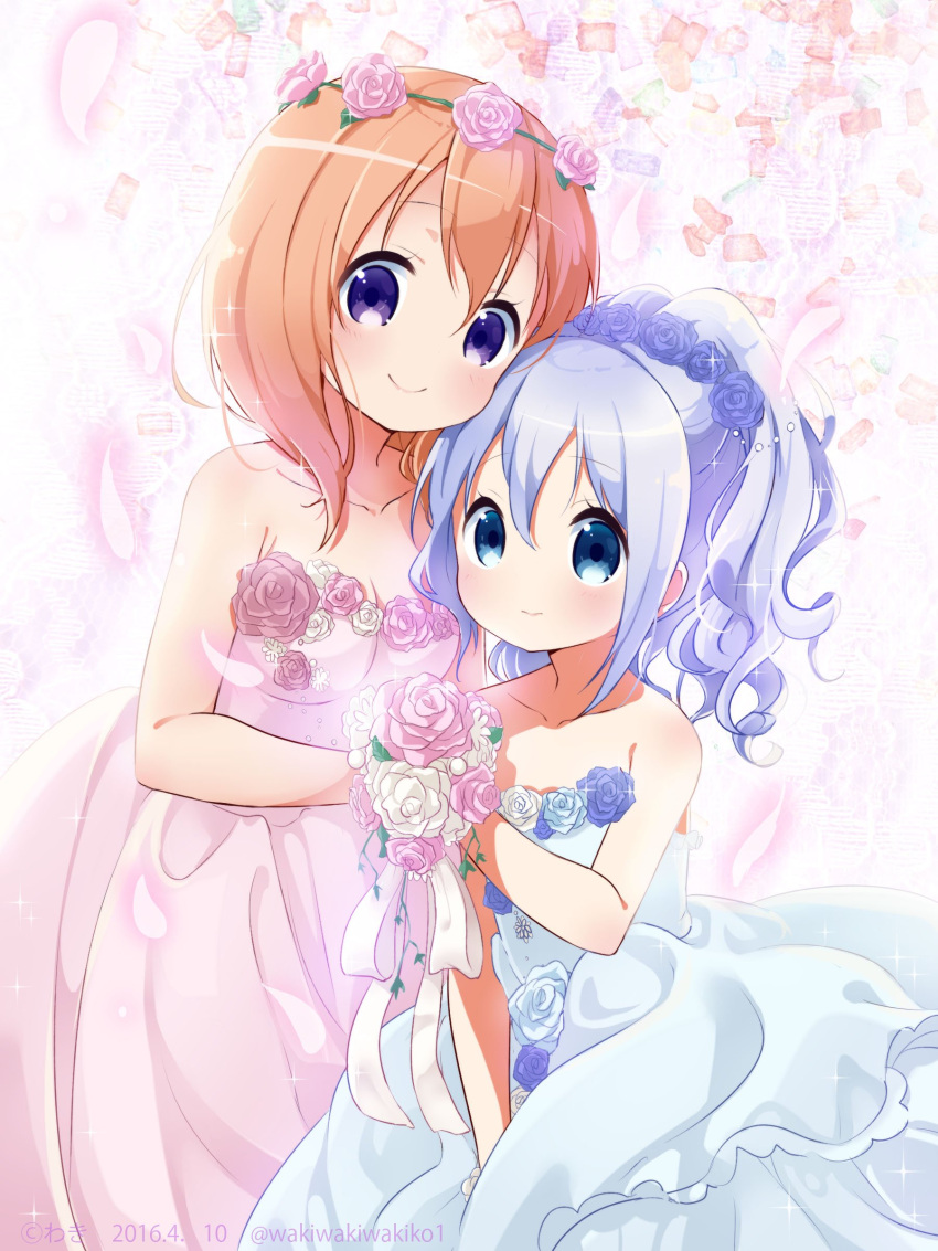 2016 2girls absurdres alternate_costume alternate_hairstyle artist_name bangs bare_shoulders blue_dress blue_eyes blue_hair blue_wedding_dress bouquet breasts check_commentary cleavage closed_mouth collarbone commentary_request couple dated dress flat_chest flower gochuumon_wa_usagi_desu_ka? hair_between_eyes happy_birthday head_wreath highres holding holding_bouquet hoto_cocoa houbunsha kafuu_chino long_hair looking_at_viewer medium_breasts multiple_girls neki_(wakiko) orange_hair petals pink_dress pink_wedding_dress rose sidelocks smile strapless strapless_dress twitter_username violet_eyes wavy_hair wedding_dress white_background wife_and_wife yuri