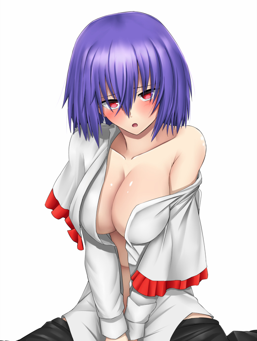 1girl :o bangs black_skirt blush breasts capelet center_opening cleavage collarbone frills gnlo hair_between_eyes highres large_breasts long_sleeves looking_at_viewer nagae_iku off_shoulder open_clothes open_mouth open_shirt purple_hair red_eyes shirt skirt skirt_pull solo touhou v_arms white_background