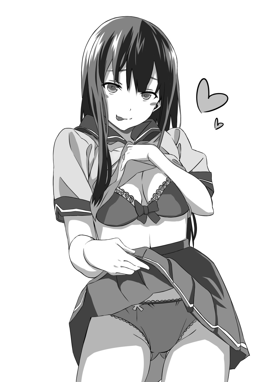1girl absurdres bangs black_hair blush bow bow_bra bra breasts closed_mouth contrapposto gluteal_fold greyscale hayaka_(gentlegomen) heart heart-shaped_pupils highres lace lace-trimmed_bra lace-trimmed_panties lifted_by_self long_hair looking_at_viewer medium_breasts monochrome naughty_face original panties pleated_skirt school_uniform serafuku shirt_lift simple_background skirt skirt_lift smile solo symbol-shaped_pupils thighs tongue tongue_out underwear uniform
