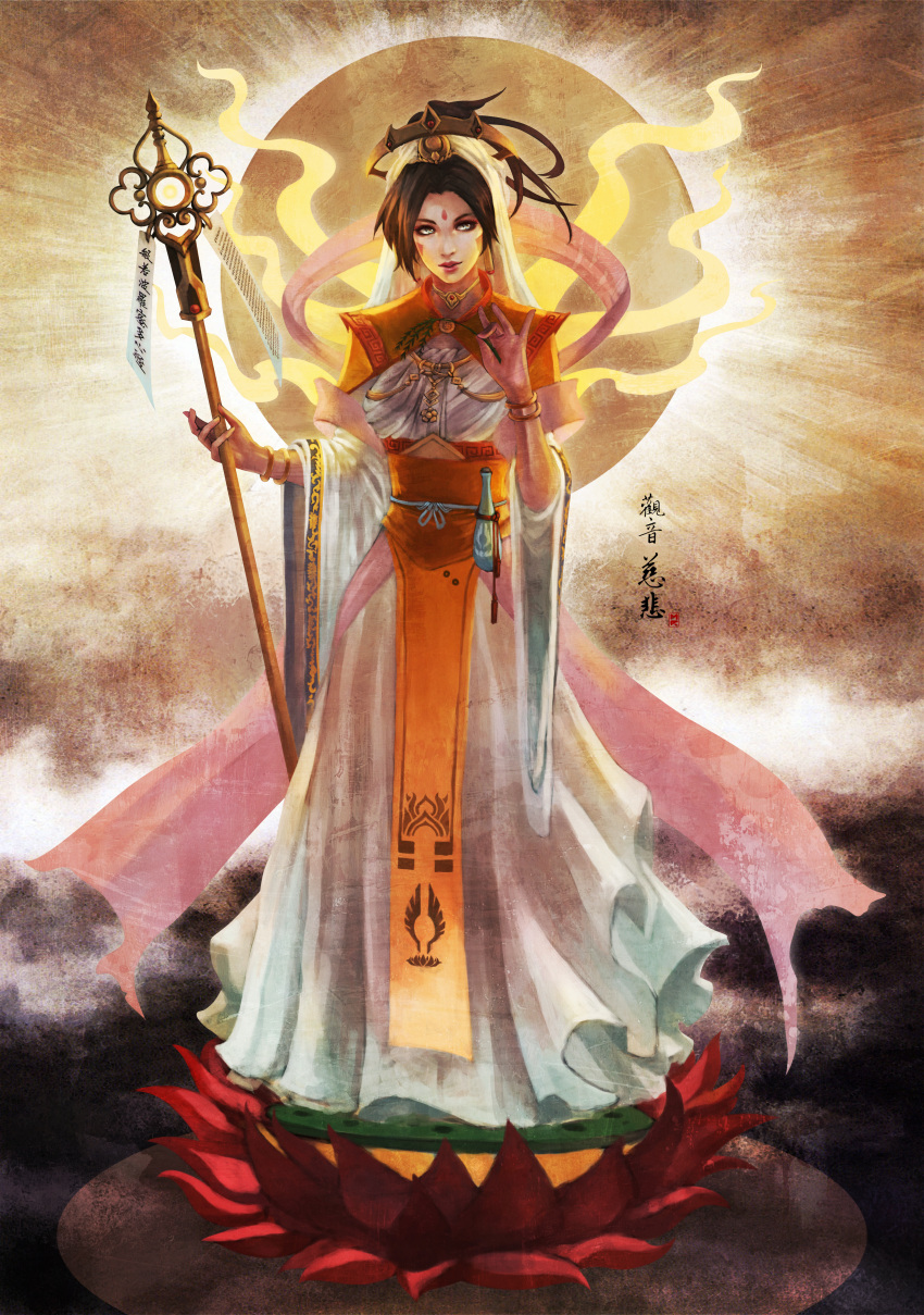1girl absurdres alternate_hair_color bindi black_hair bracelet commentary dress full_body goddess guanyin headdress highres huge_filesize indian_clothes jewelry long_dress mechanical_halo mercy_(overwatch) monori_rogue overwatch pelvic_curtain solo staff veil wide_sleeves wings
