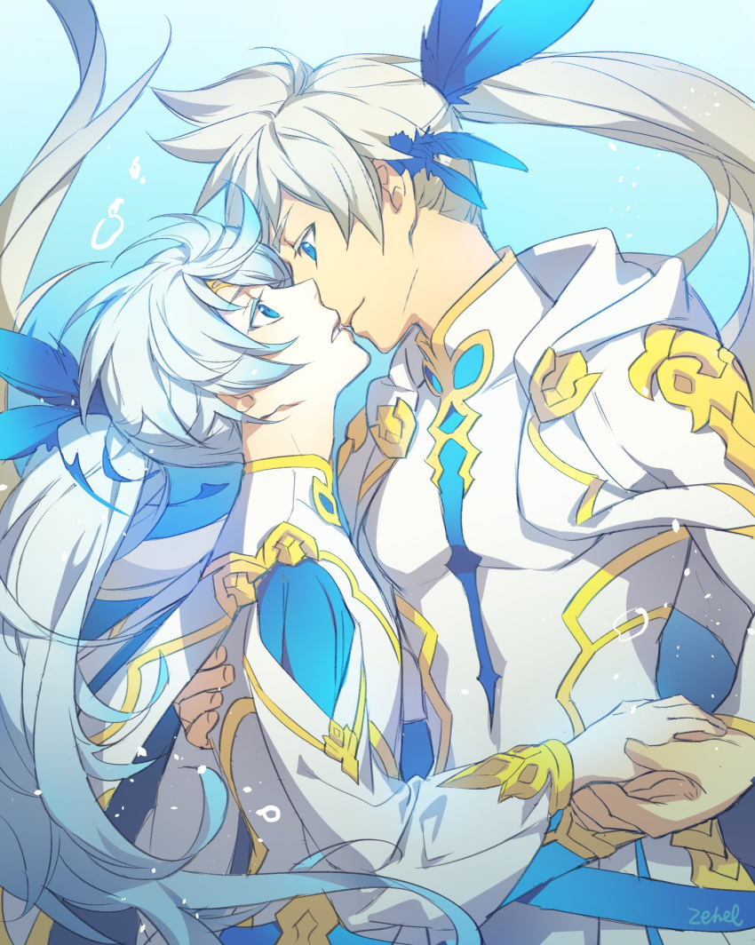 2boys alternate_costume alternate_hairstyle blue_eyes couple cowboy_shot eye_contact grey_hair hand_holding highres hug incipient_kiss light_blue_hair long_hair looking_at_another looking_down looking_up male_focus mikleo_(tales) multiple_boys neck parted_lips smile sorey_(tales) surprised tales_of_(series) tales_of_zestiria underwater yaoi zehel_az