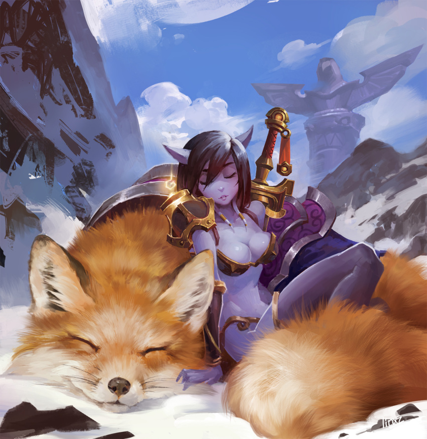 1girl animal armor artist_name black_hair black_legwear blue_skin breasts cleavage closed_eyes clouds commentary day draenei fox full_body hair_over_one_eye highres horns medium_breasts original outdoors oversized_animal parted_lips rui_zhang saddle sitting sky snow sword thigh-highs warcraft weapon world_of_warcraft