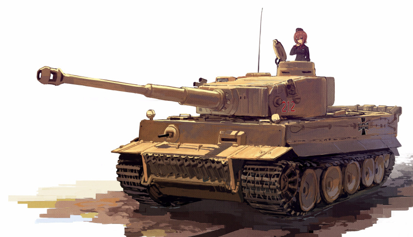 1girl absurdres black_jacket brown_eyes brown_hair emblem garrison_cap girls_und_panzer ground_vehicle hat highres jacket kuromorimine_(emblem) kuromorimine_military_uniform ladic military military_uniform military_vehicle motor_vehicle nishizumi_maho red_shirt shirt short_hair tank tiger_i uniform