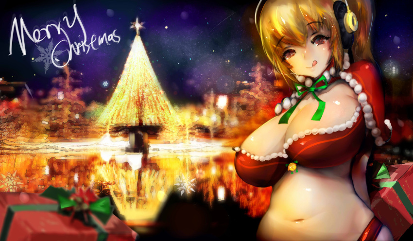1girl absurdres arms_behind_back bell belly blonde_hair breasts brown_eyes capelet christmas christmas_tree cleavage curvy eyebrows_visible_through_hair gift green_ribbon headphones highres huge_breasts lapaco licking_lips looking_at_viewer merry_christmas midriff navel nitroplus plump pom_pom_(clothes) red_capelet reflection ribbon short_twintails skindentation snowflakes solo super_pochaco text tongue tongue_out twintails wide_hips