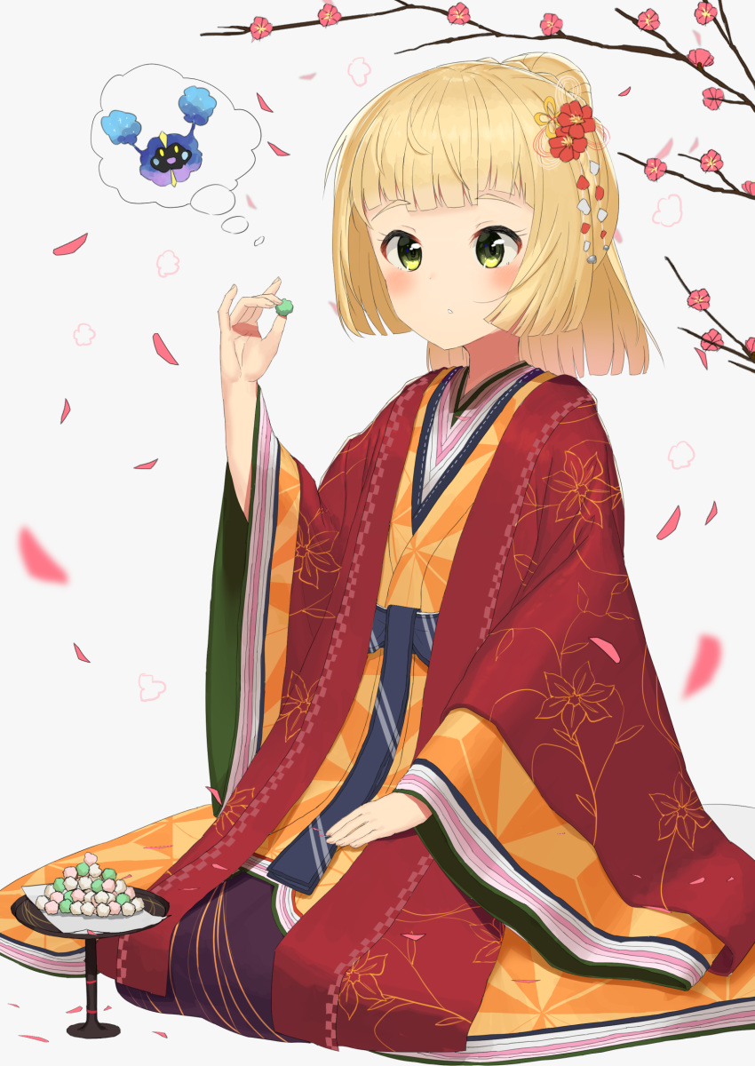 1girl absurdres akamizuki_(akmzk) alternate_hairstyle bangs blonde_hair blurry blush candy cherry_blossoms cosmog depth_of_field floral_print flower food green_eyes hair_flower hair_ornament highres hinamatsuri japanese_clothes kneeling konpeitou lillie_(pokemon) multicolored multicolored_clothes petals pokemon pokemon_(game) pokemon_sm ponytail solo_focus thinking thought_bubble