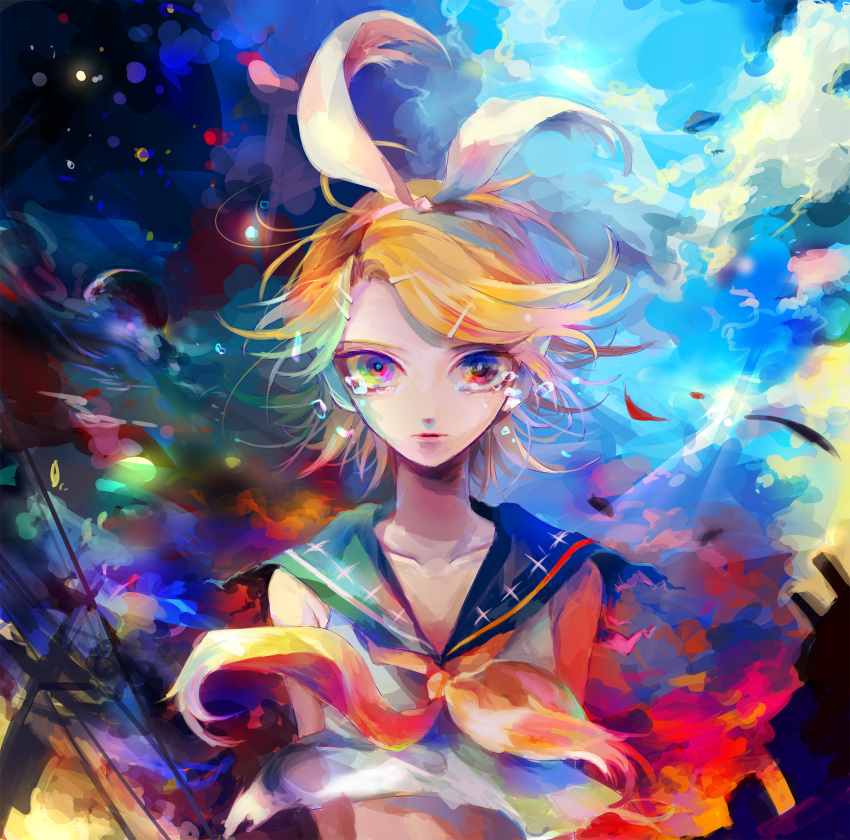 1girl arms_behind_back bare_arms blonde_hair blue_eyes blue_sky bow cityscape clouds collarbone colorful crop_top crying crying_with_eyes_open day_and_night floating_hair hair_bow hair_ornament hairband hairclip headset highres kagamine_rin leaf looking_at_viewer midriff multicolored multicolored_background multicolored_eyes nagame_(nagaiame) night night_sky sad sailor_collar shirt shirt_lift short_hair sky sleeveless sleeveless_shirt solo sunrise sunset tears torn_clothes transmission_tower twilight vocaloid wind wind_lift
