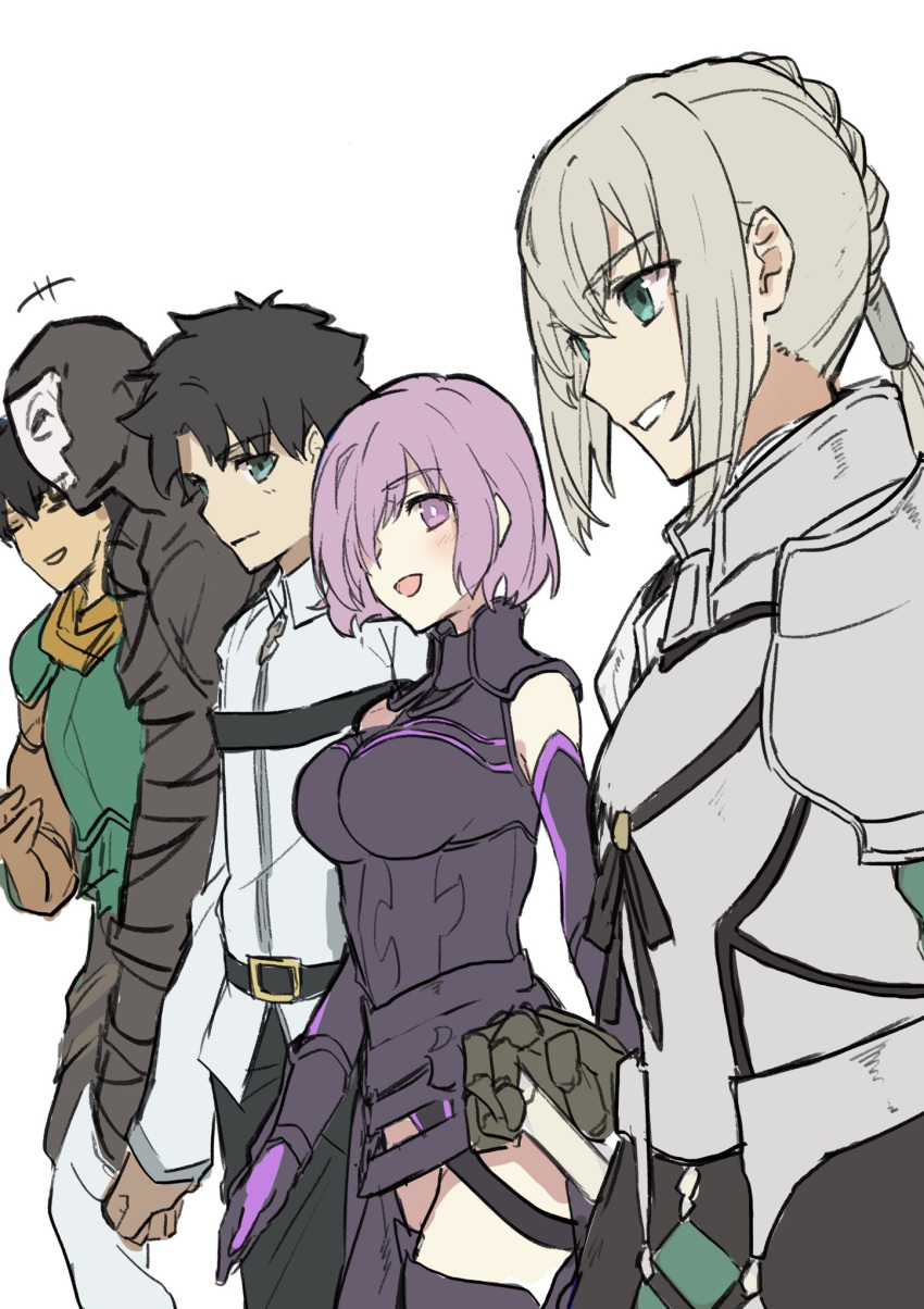 1girl 3boys archer_(fate/prototype_fragments) armor bedivere blonde_hair brown_hair dark_skin fate/grand_order fate/prototype fate/prototype:_fragments_of_blue_and_silver fate/stay_night fate_(series) fujimaru_ritsuka_(male) highres long_hair male_focus mask multiple_boys nari ponytail purple_hair shielder_(fate/grand_order) short_hair smile true_assassin